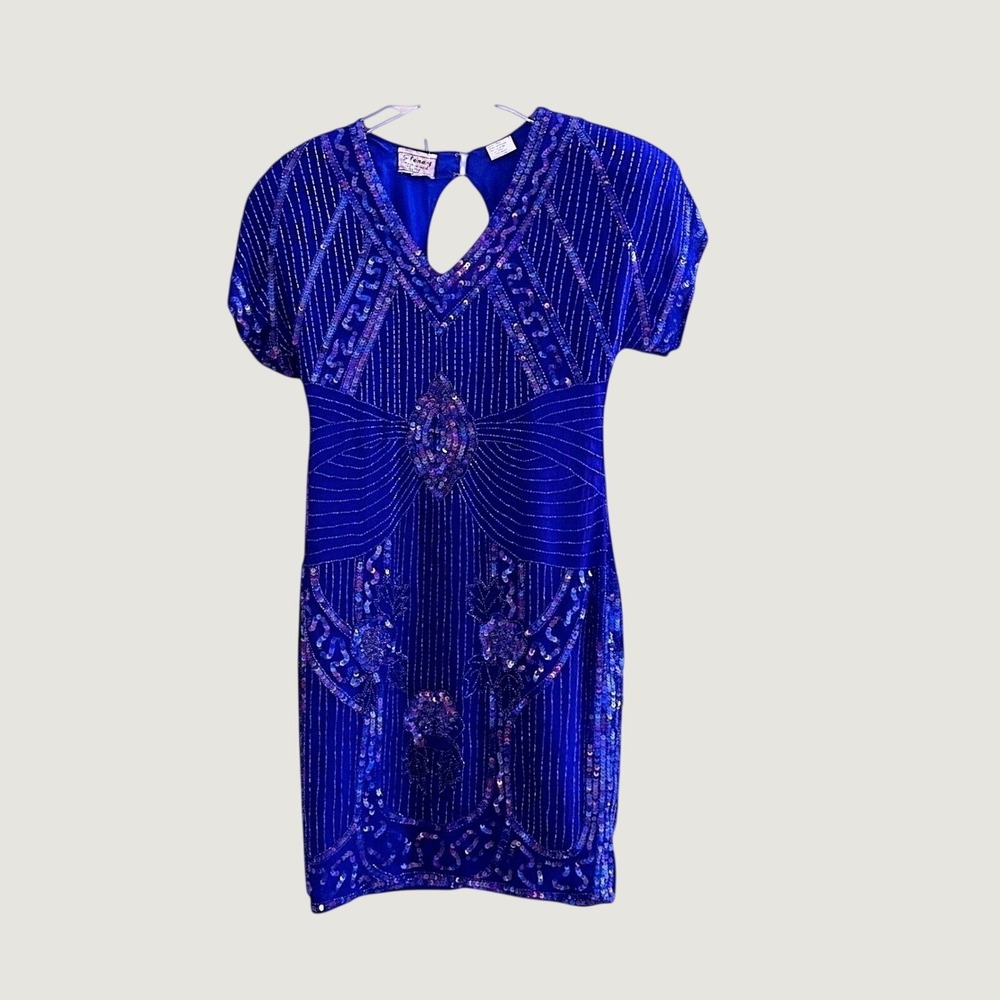 NWT Stenay Vintage Royal Blue Silk Sequin Beaded Art Deco Dress Keyhole Back